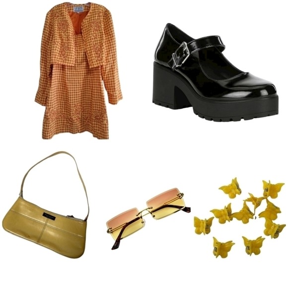 Sue Wong 90s Y2K Clueless Mini Dress Cropped Jacket Set Orange Yellow Gingham - Picture 2 of 10